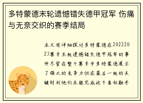 多特蒙德末轮遗憾错失德甲冠军 伤痛与无奈交织的赛季结局