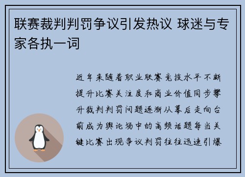 联赛裁判判罚争议引发热议 球迷与专家各执一词 联赛裁判判罚争议引发热议 球迷与专家各执一词
