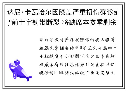 达尼·卡瓦哈尔因膝盖严重扭伤确诊为前十字韧带断裂 将缺席本赛季剩余所有比赛